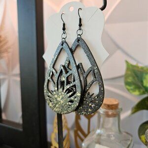 Oversized Sunflower Lightweight Black and Gold painted Wooden Dangle Earrings